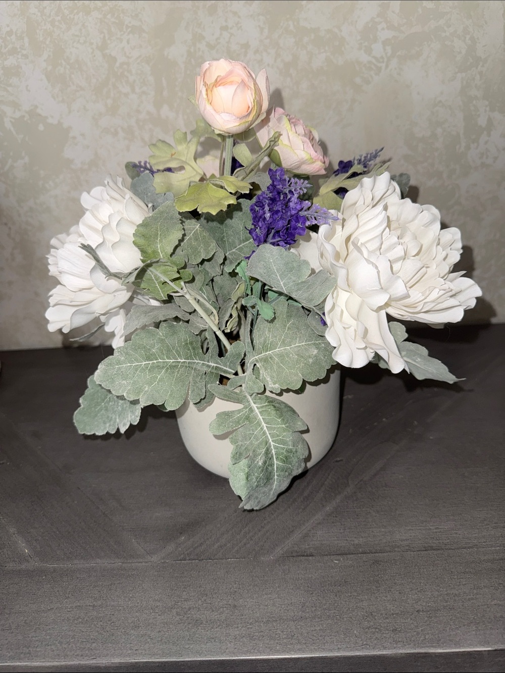 Cream Peony and Lavender Faux Floral Arrangement in Cream Pot